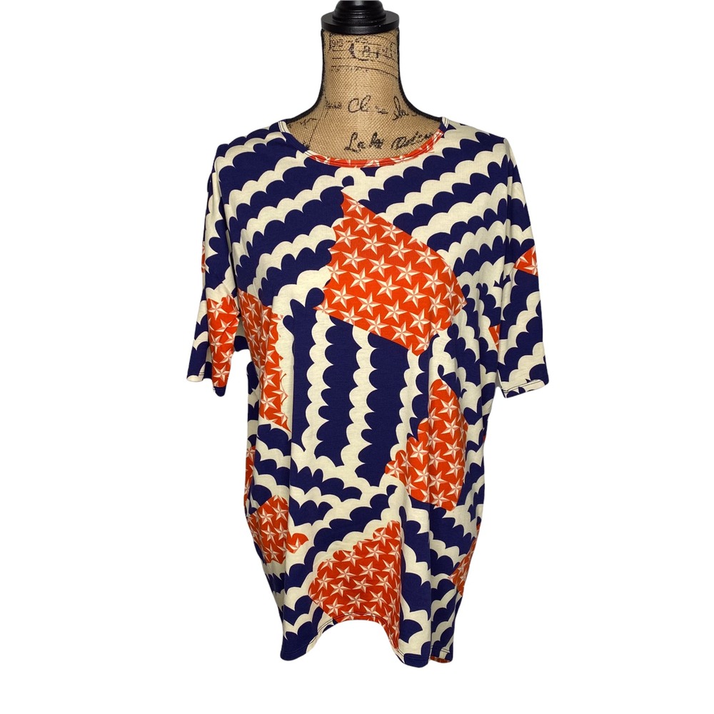 LuLaRoe Irma Tunic Top Womens XS Blue Orange Star Scallop Print Short Sleeve NEW
